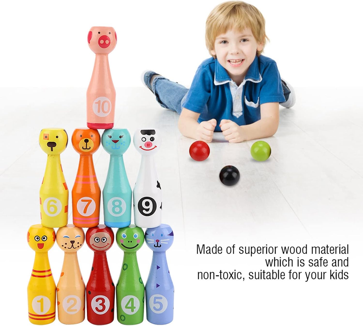 Animal Bowling Bottle Ball Kids Wooden Toy Educational Game