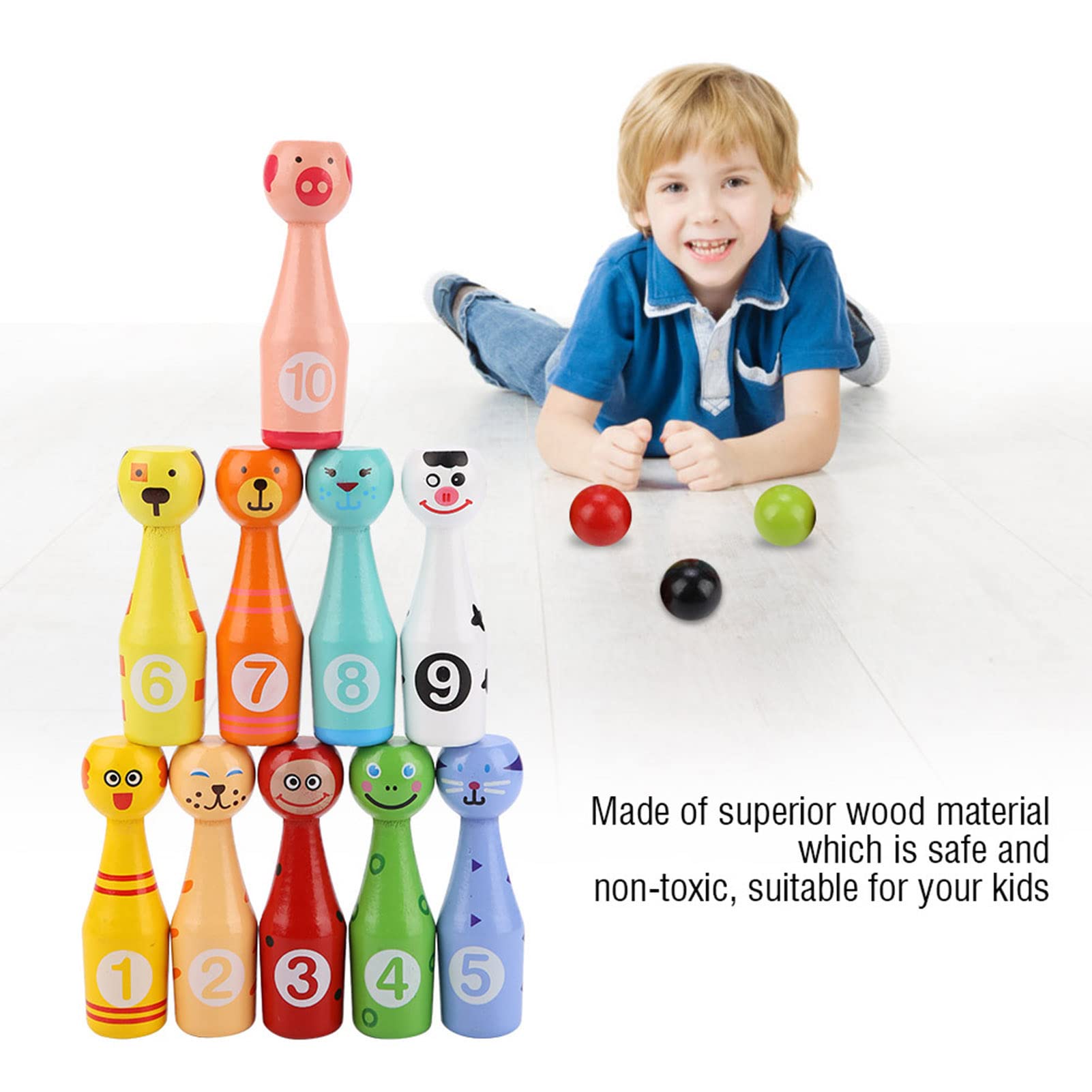 VGEBY Kegelspiel für Kinder Bowling Ball Set mit 10 Kegel und 3 Bälle Draußen Spielzeug Pädagogisches Holzspielzeug Spielzeug Geschenke Spiele ab 2+ Jahren Andere Outdoor-Spielzeuge Für Kinder