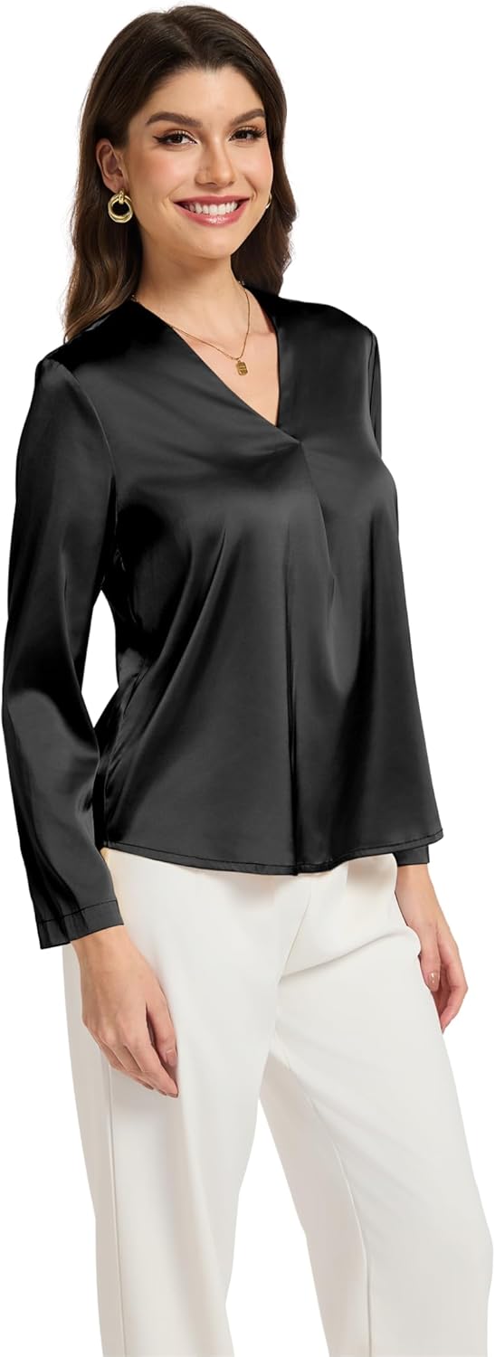 Womens Silk Satin Blouses V Neck Long Sleeve Tops Casual Dressy Shirts - Image 6