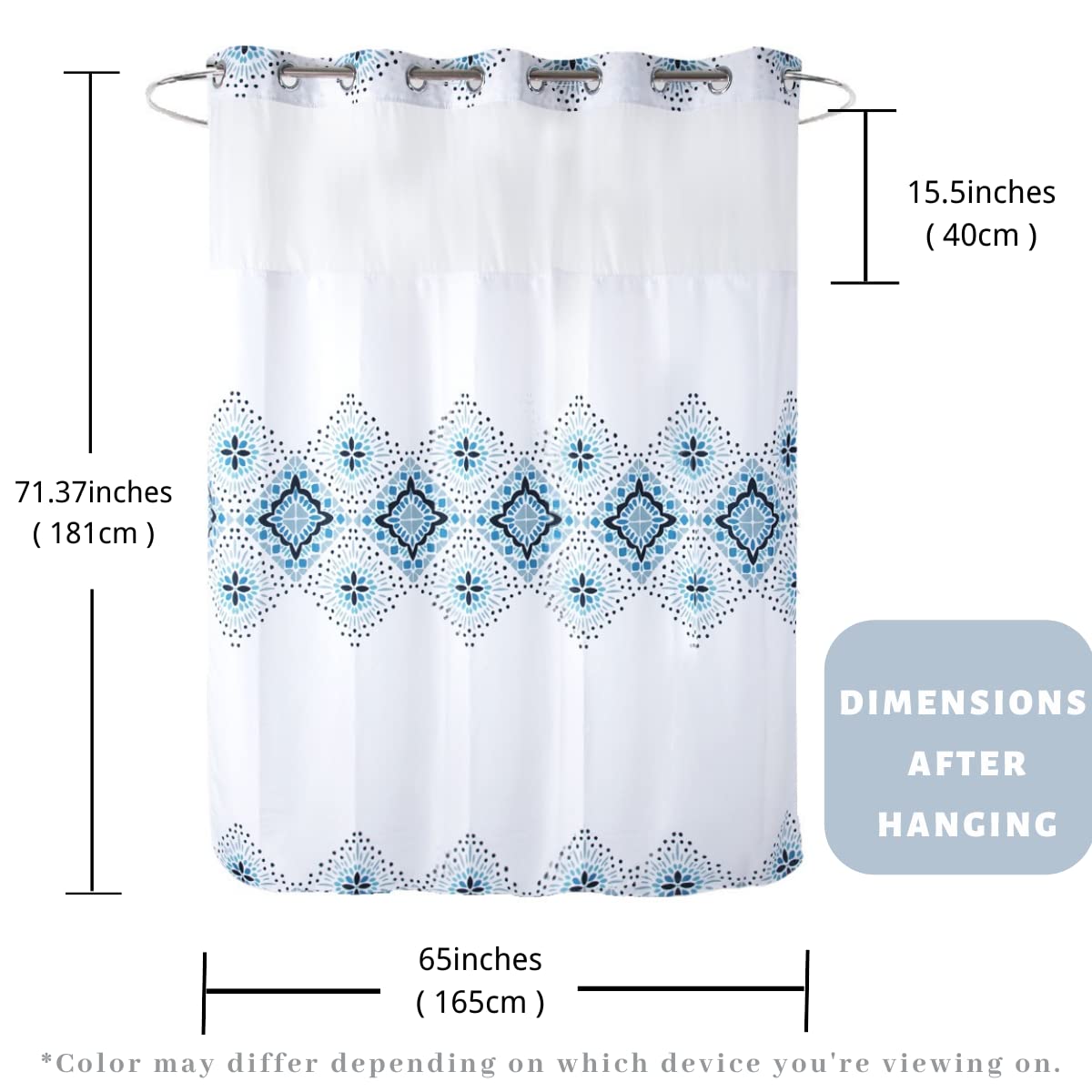 Cortina de ducha de tela de grado hotelero de 71 pulgadas de ancho x 74 pulgadas de alto, sin ganchos, con forro de imanes de repuesto, estilo bohemio blanco y azul, 100% impermeable, lavable