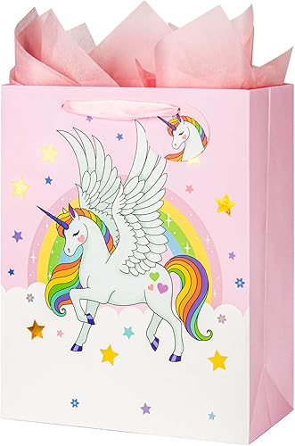 Miniatura 1 de Bolsa de regalo de unicornios grandes de 13 pulgadas para niñas y niños, baby shower con papel de seda, paquete de 1