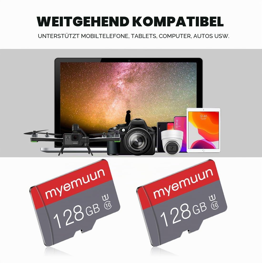 Zwei Speicherkarten TF Karte 128GB mit Adapter, C10 UHS-I A1 für Smartphone/Drucker/PC/Kamera/Tablet (2 x 128GB)