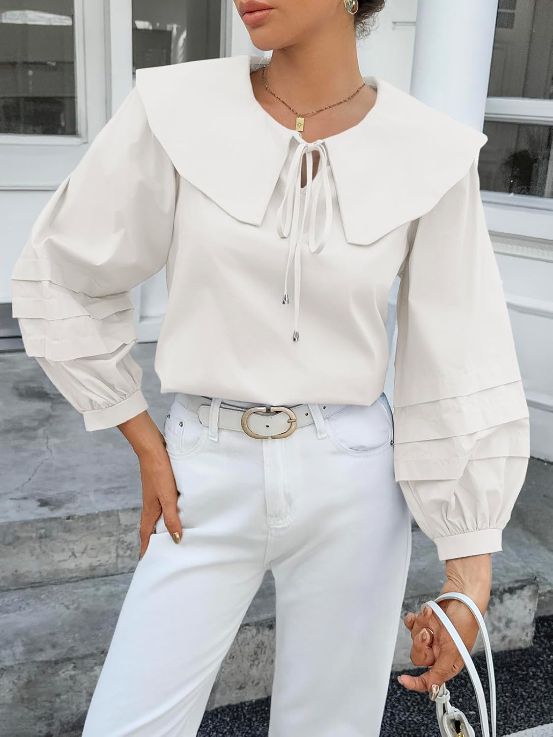 Cicy Bell Womens Peter Pan Collar Shirts Long Puff Sleeve Cotton Blouses Trendy Casual Loose Fit Tops - Image 2