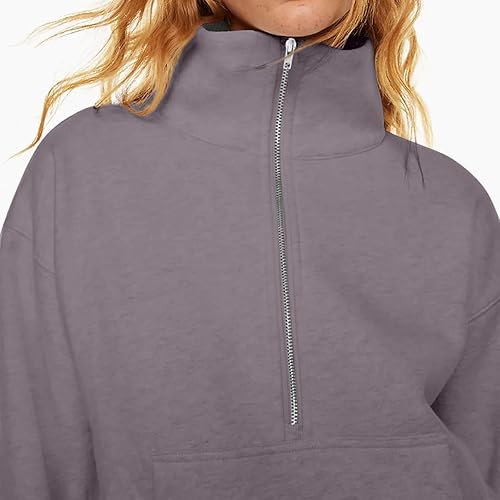 Miniatura 6 de Sudadera corta con media cremallera para mujer, manga larga, forro polar, con cremallera de un cuarto, cuello alto, hombros caídos
