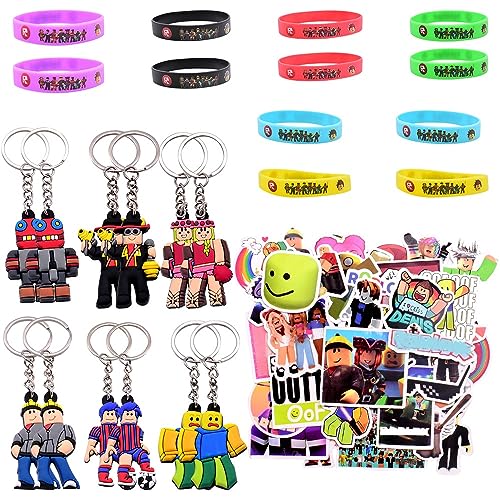 FISAPBXC R-oblox Bolsas de Fiesta, Regalos de Fiesta Incluye 12 Pulseras de Silicona, 12 Piezas Llavero, 50 calcomanías, Adecuado Regalos de Decoraciones de Fiesta de cumpleaños para niños y niñas