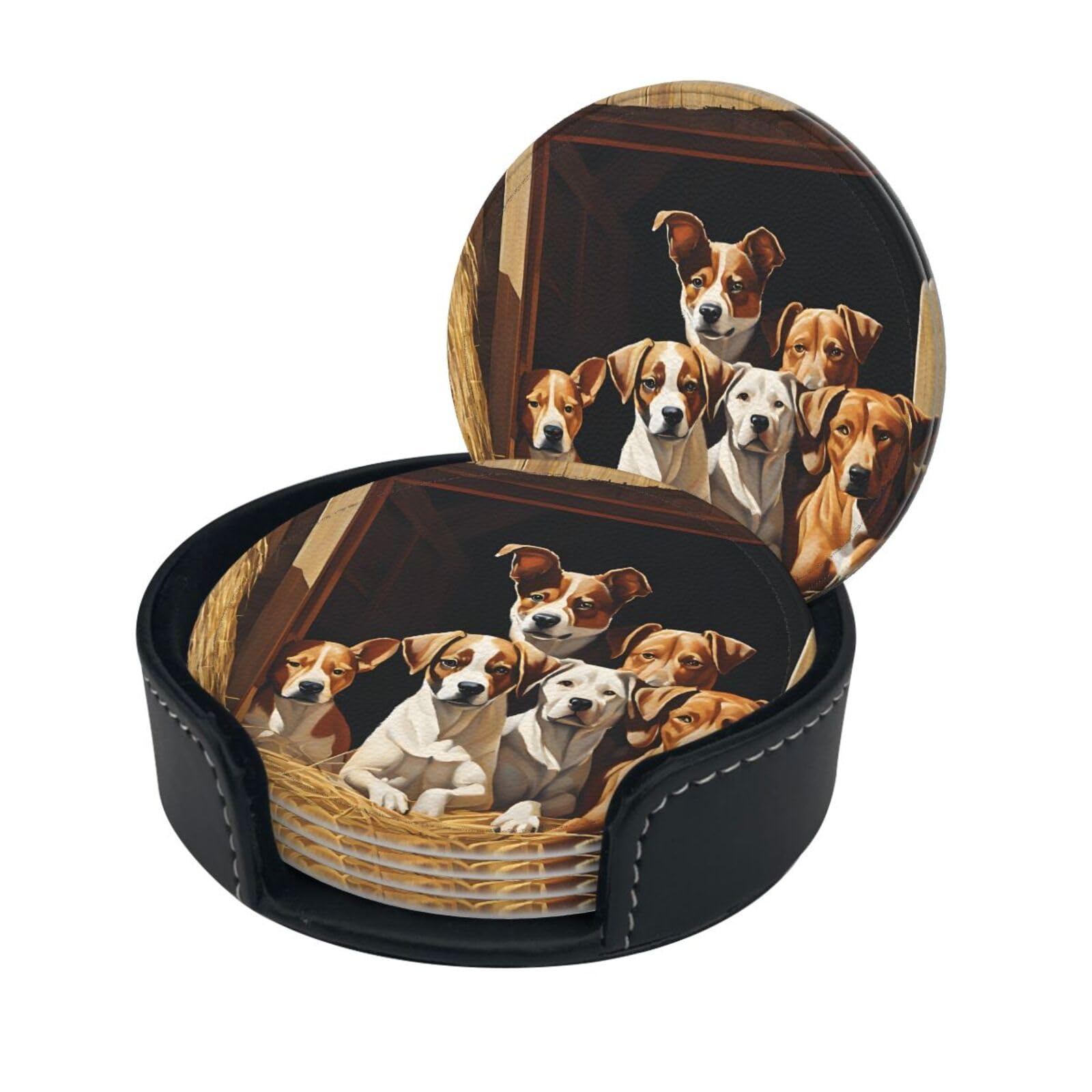 Farm Animals Print Coaster,Round Leather Coasters with Storage Box for Wine Mugs,Cold Drinks and Cups Tabletop Protection (6 Piece)