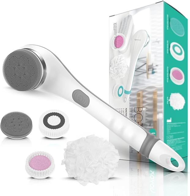 VOYOR Electric body brush back scrubber body exfoliator shower brush with long handle Rechargeable USB Charging Deep Cleansing Set Exfoliating Scrubber Soft Silicone Waterproof bath brush BC100 (Grey)