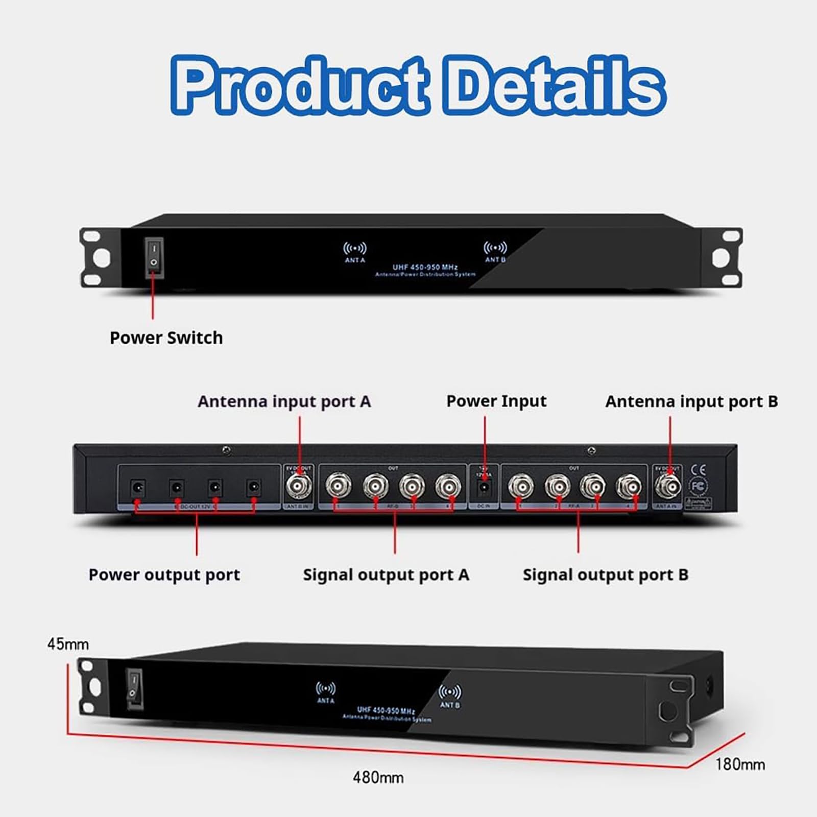 Amplificatore di segnale microfono wireless, amplificatore di segnale microfono professionale con 2 alette per antenna, 450-950 MHz, ricezione a 360 ° per prestazioni sul palco