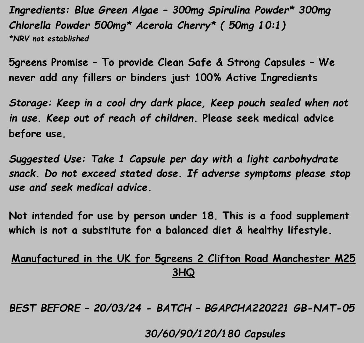 5greens Blue Green Algae 600mg with Added VTAMIN C – 120 Capsules 100% Natural No Chemicals 100% Vegan Natural Protein