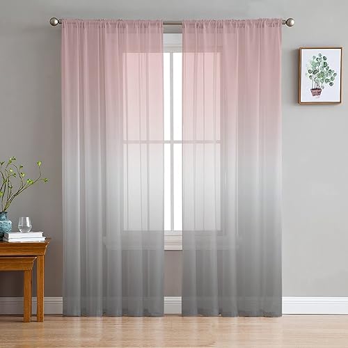 Cortinas traslúcidas color rosa y gris degradado de 72 pulgadas de largo, juego de 2 paneles de cortinas de gasa para sala de estar, cortinas de