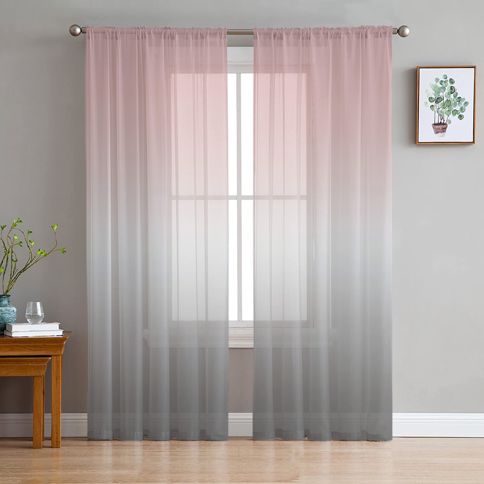 LOT BASIC Ombre Pink Grey Sheer Curtains 63 Inches Length 2 Panels Set Chiffon Curtain Sheers for Living Room, Modern Solid Color Gradient Rod Pocket