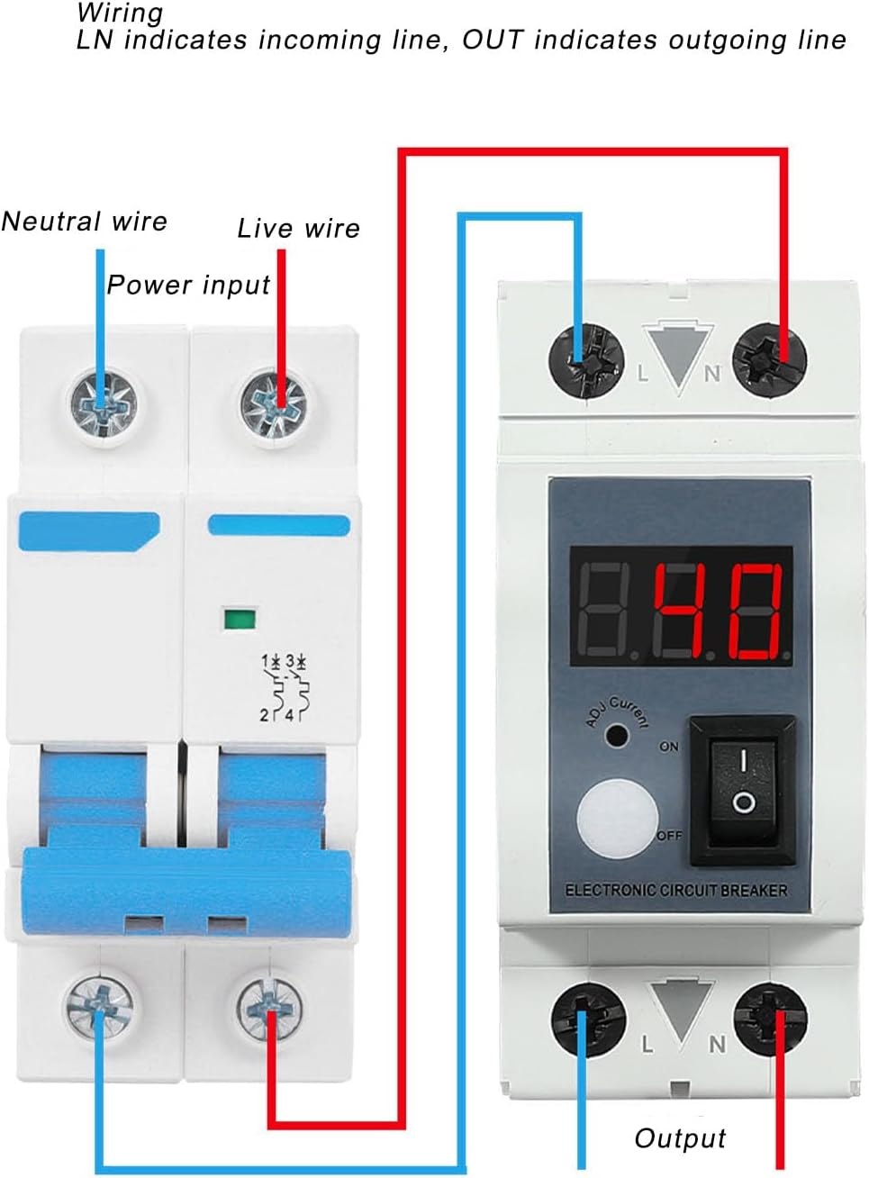 Wiring diagram for FTVOGUE CHLT-715 Adjustable Over Current Protector, showing connections for live wire, neutral wire, power input, and output.