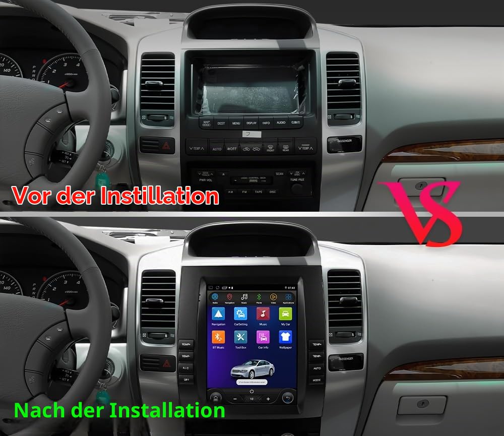 Android 14 9,7-Zoll-Autoradio für Toyota Land Cruiser Prado 120/ Lexus GX470 2002-2009 4-Kern 2GB & 64GB Speicher, unterstützt kabelloses Carplay/Android Auto, Lenkradsteuerung, WLAN/4G, FM