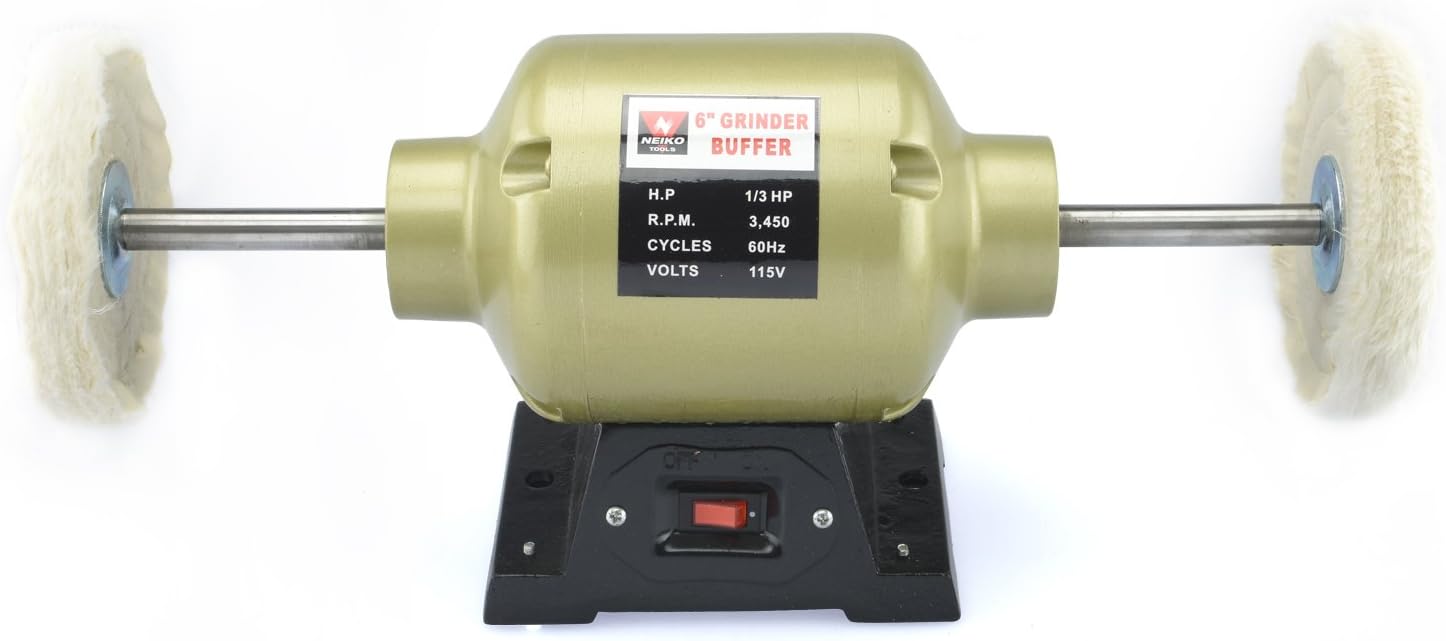 Neiko 10205A 6" Benchtop Grinder and Buffer, 1/2 HP, Long Shaft with 2 Buffing Wheels, 3, 450 rpm, Clear