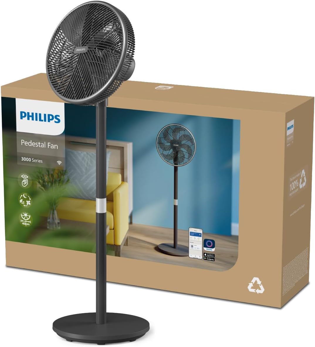 PHILIPS Smart Pedestal Fan Serie 3000. Potente & Ultra-Silenzioso, Tecnologia SilentWings.19 dB. Ventilatore Tavolo&Piantana 2-in-1. Inclinabile & Rotante. Controllo App. Timer 12h. Nero (CX3550/01) Nero A piantana - Immagine 3