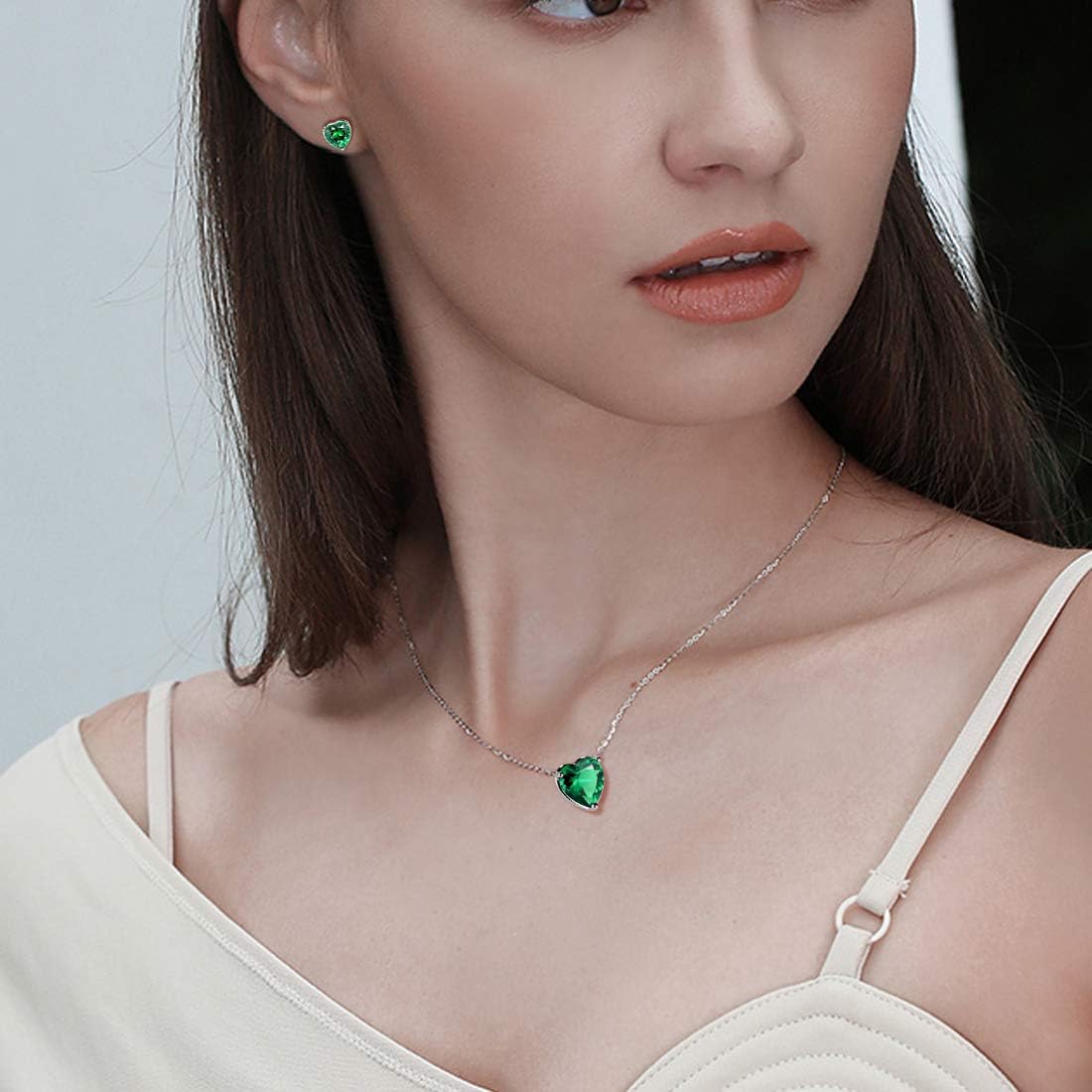 Aurora Tears Hearts Necklace Earrings Jewelry Sets - Women 925 Sterling Silver Birthstone Pendants Earrings Set Crystal Wedding Birthday Jewelry