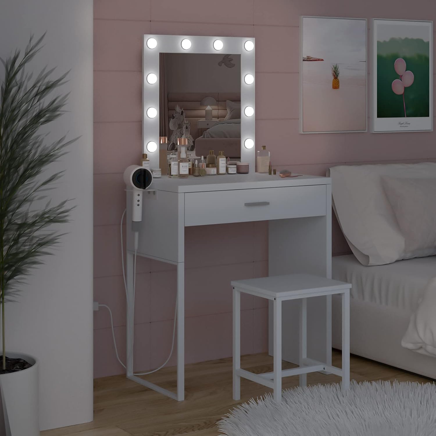 Small Makeup Vanity with Mirror and Lights, White Vanity Desk with Chair, Brightness Adjustable, Makeup Table Set for Girls' Bedroom