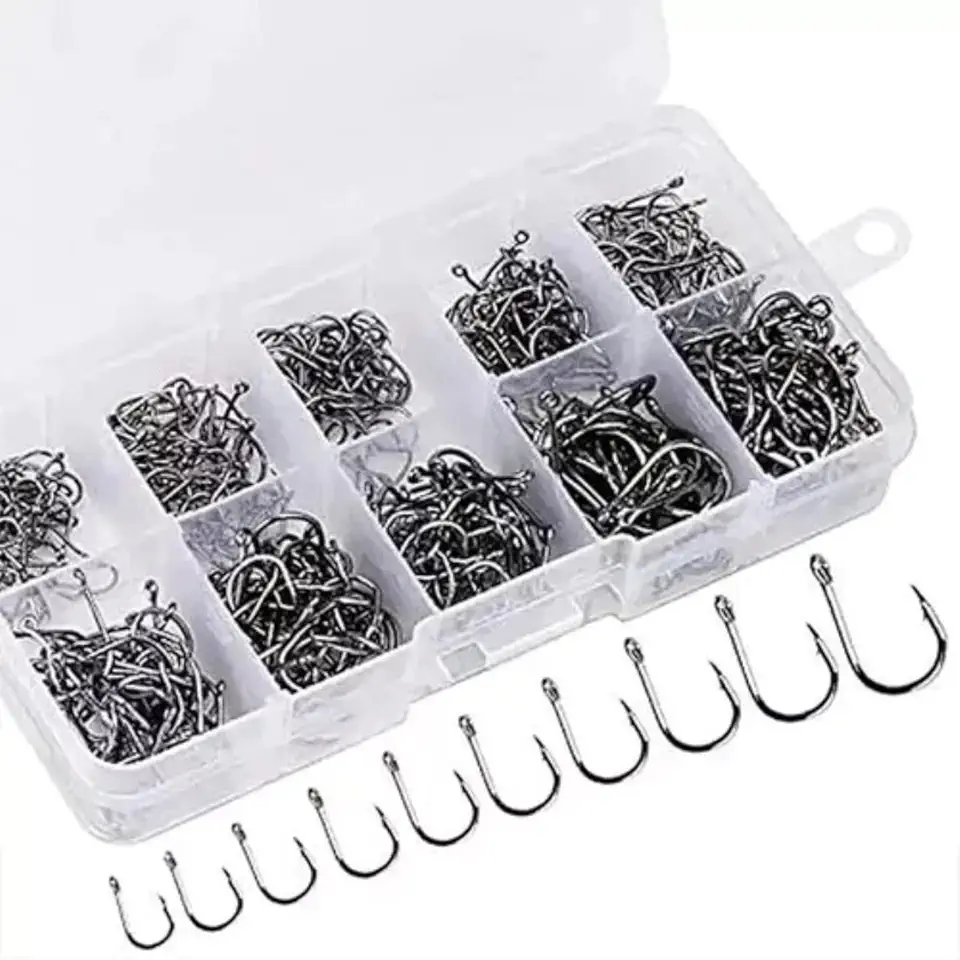 Kit de Anzóis para Pesca, 600 Peças, Tamanhos 3 a 12, com Estojo de Armazenamento, Aço Carbono