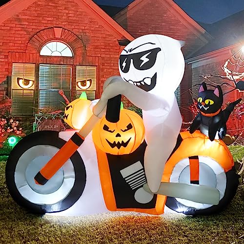COMIN 6 FT Halloween Inflatables Ghost Outdoor Decorations Blow Up Yard Pumpkin Cat Motorcycle with Built-in LEDs for Indoor Party Garden Lawn Decor2