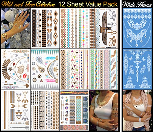 10 Metallic Plus 2 White Henna Tattoo Sheets - 129+ Temporary Flash Tattoos for Woman & Girls in White, Gold, Silver & Turquoise (Wild & Free Collection)