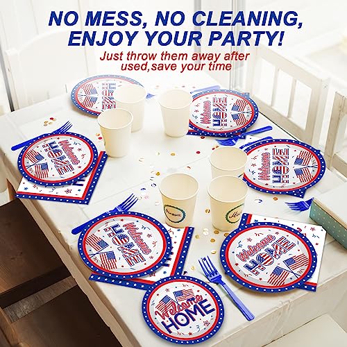 Image of 100Pcs Military Welcome Home Decorations Patriotic Army Soldier Homecoming Plates Napkins Proud of You Deployment Returning Party Decor Supplies Red White Blue Welcome Home Tableware Serve 25 Guests
