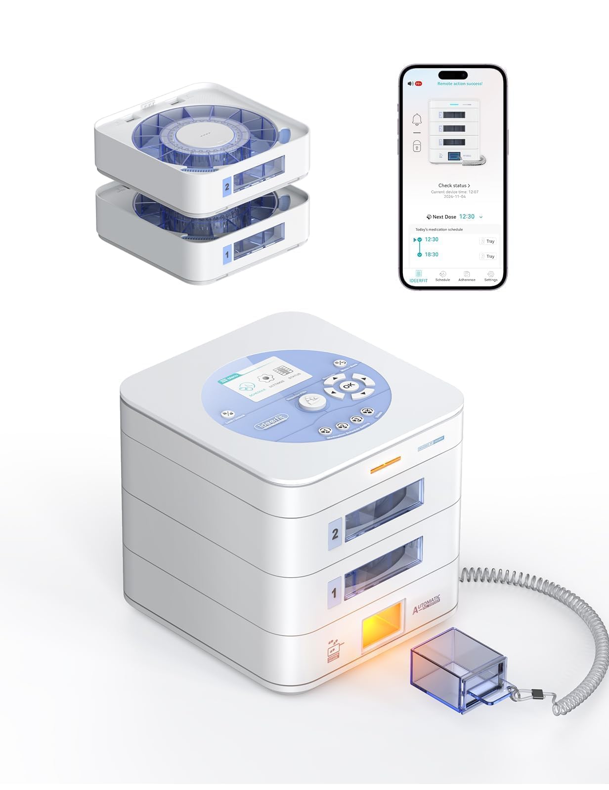 Dispensador Automático de Pastillas, 2 Bandejas, App y LCD | Configuración en dispositivo, bloqueo digital, alertas de luz y sonido