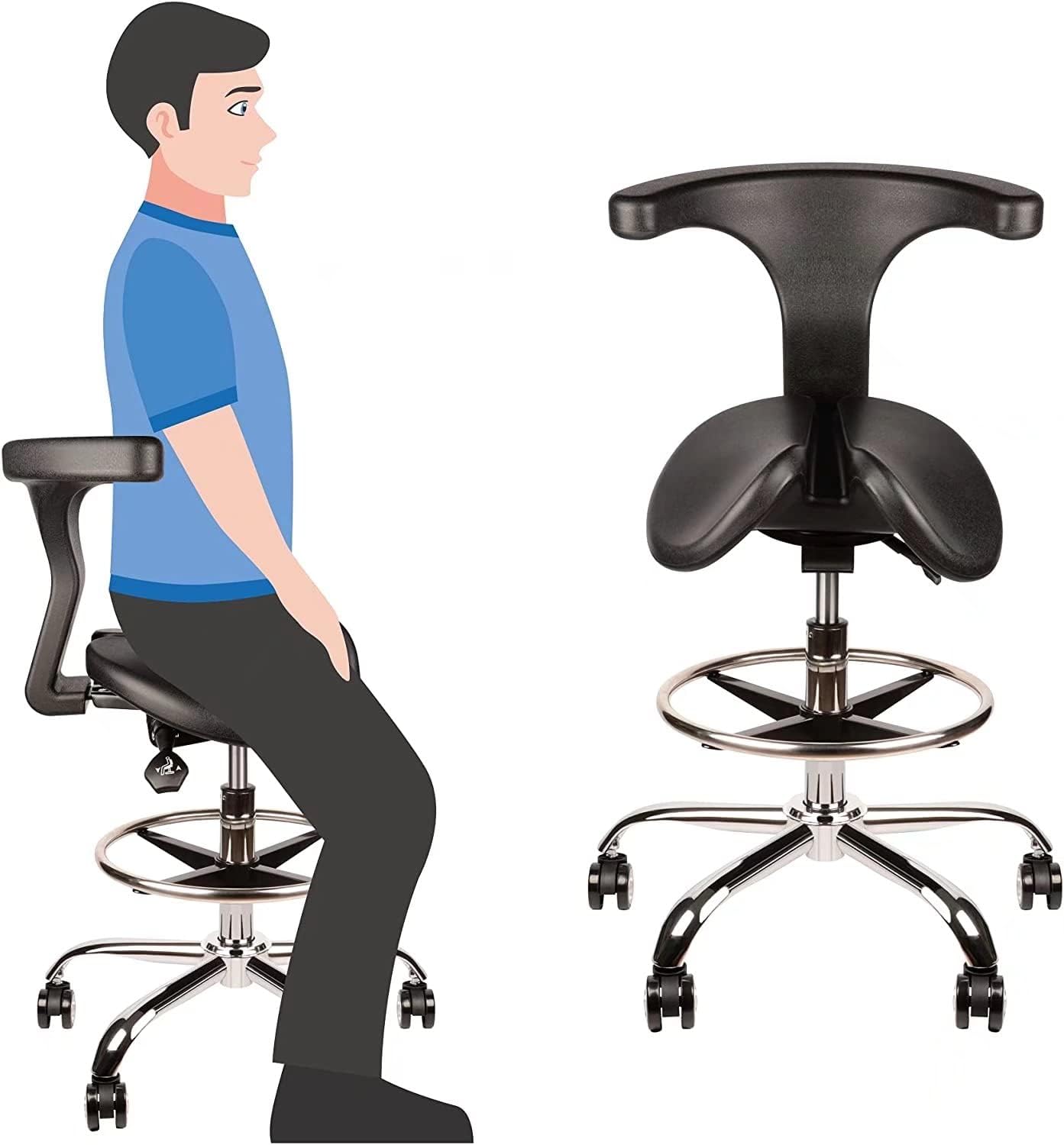 Ergonomic Saddle Stool, Rolling Adjustable Saddle Chair with Back Support for Posture Improvement, Split Seat Style, Alleviate Hip and Back Pain, Salon Massage Dental Lab Home Office Student