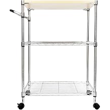 3-Tier Kitchen Storage Trolley with Wheels & 2 Locking Casters, Portable Utility Serving Cart with Cutting Board Top, Carbon Steel Shelf Organizer for Kitchen Home Office Garage, Silver