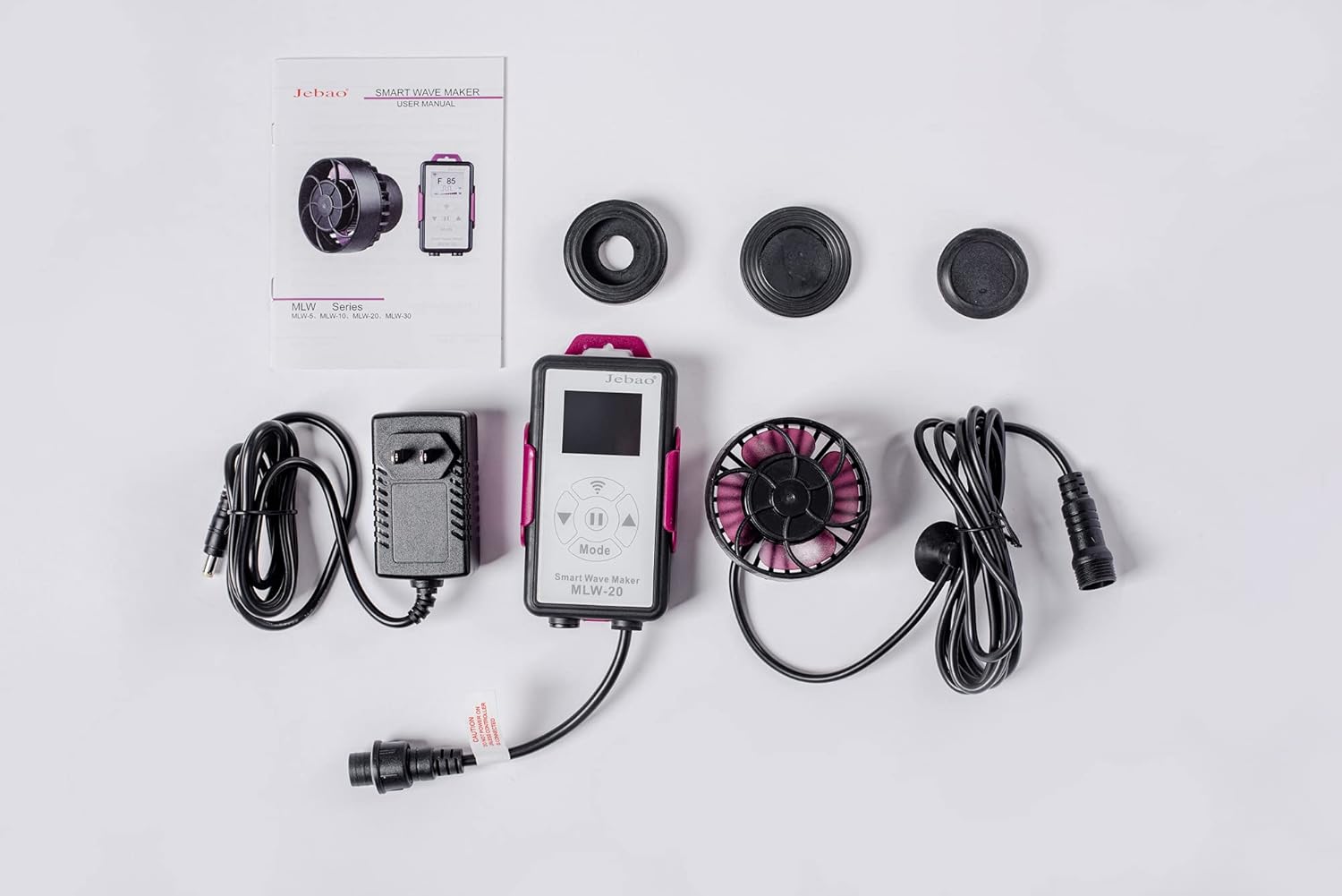 Jebao MLW-20 Smart Wave Maker package contents including pump, controller, power adapter, and magnetic base.