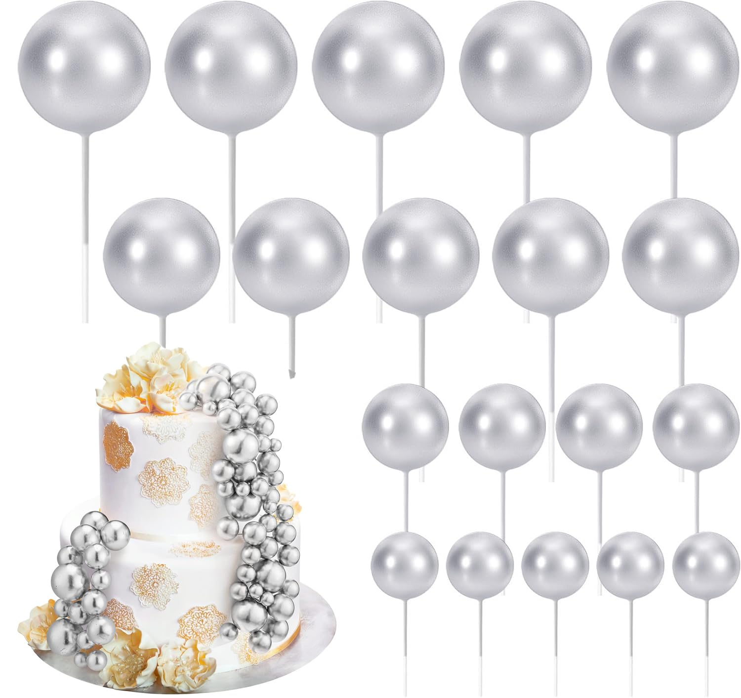 Round Ball Cake Toppers Ball Cupcake Toppers Cake Decorations Bakeware Decorating Topper Sticks Mini Balloon Cake Insert Toppers for Anniversary Birthday Party Wedding Decor (Silver)