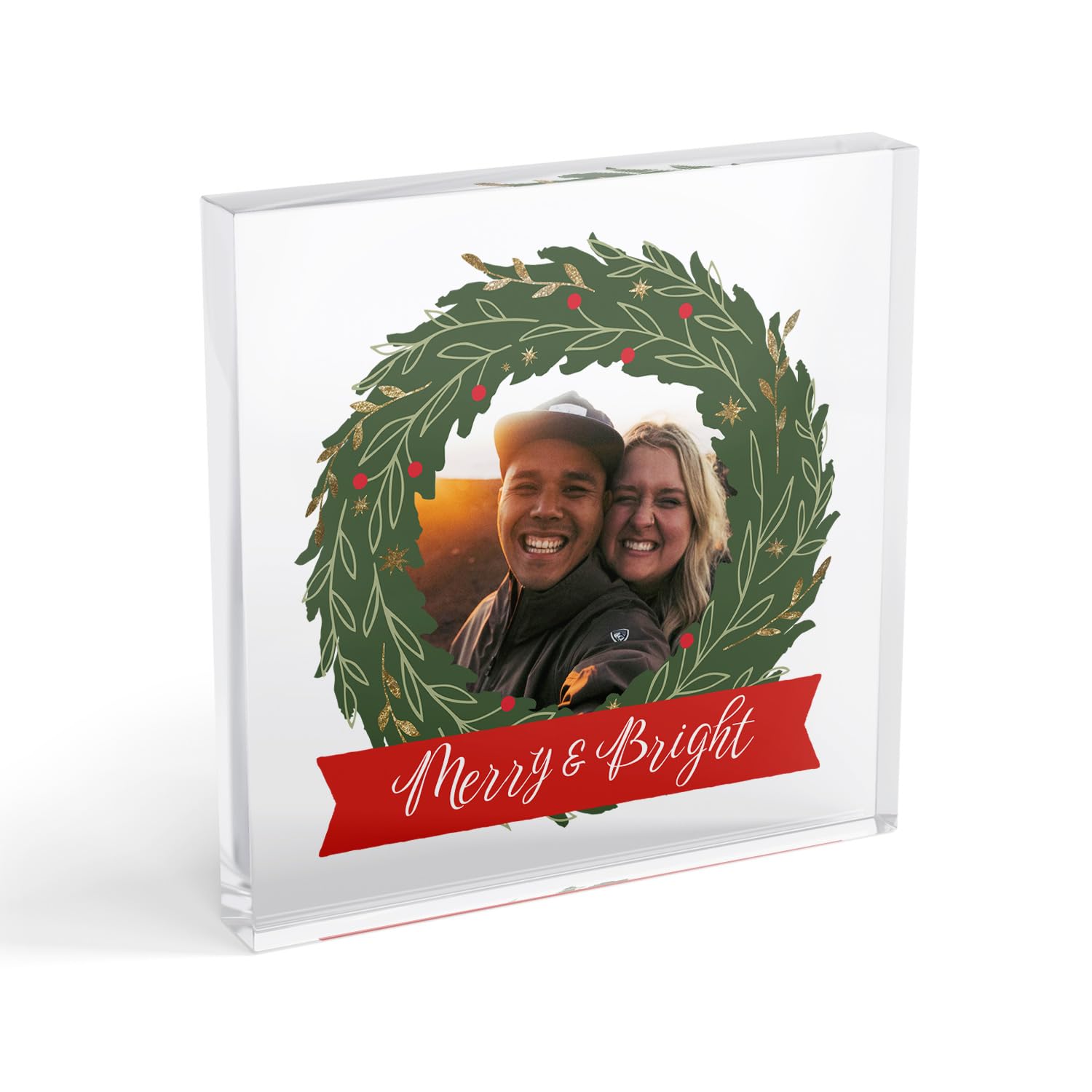 1 Personalised Customised Christmas Festive Wreath Photo Upload Acrylic Freestanding Block or Coaster as Gift Present 100mm X 100mm PTS Personalised (With Stand, Transparent, 100mm) (With Stand)