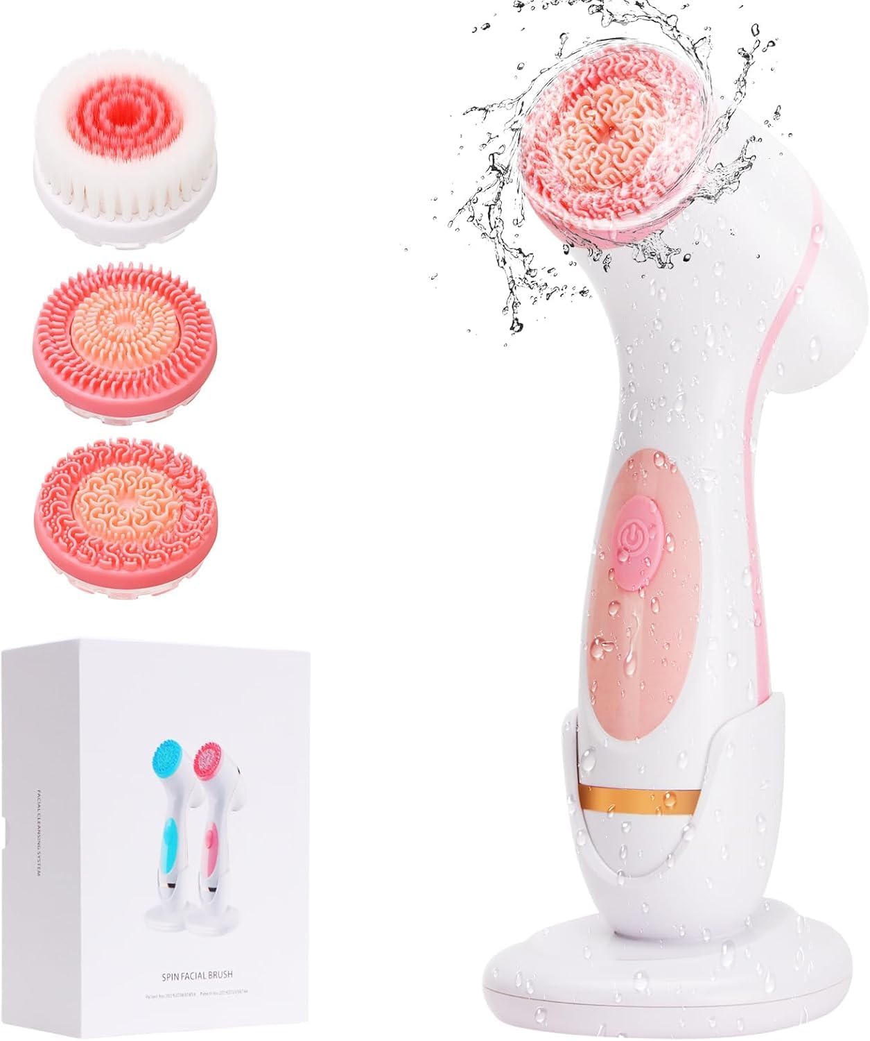 Facial Cleansing Brush, Waterproof Dual-Rotation Face Scrubber with 3 Brush Heads & 2 Speed Settings, Rechargeable Exfoliating Face Brush for Deep Cleansing & Daily Skin Care (Pink)