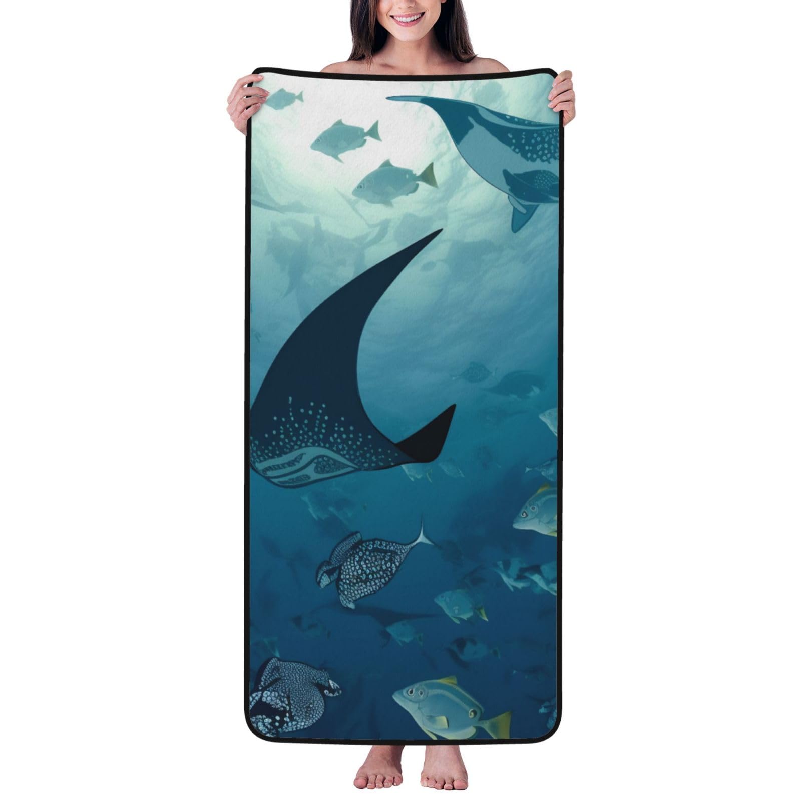 WPKJU Manta Ray and Fish Printed Bath Towel with Black Edging - 27x55 in Soft Extra Absorbent Coral Velvet Shower Towels for Bathroom