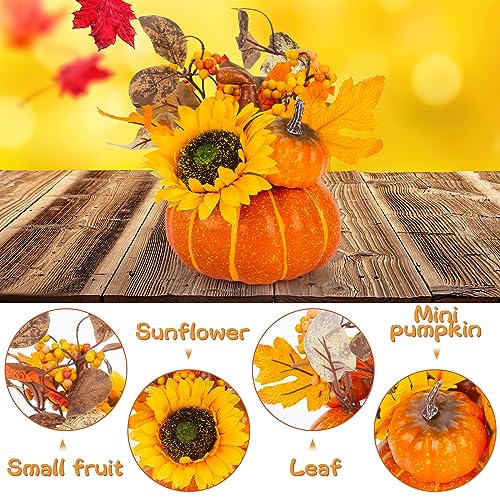 DomeStar Pumpkin Decor, Fall Centerpieces for Tables, Artificial Pumpkins with Sunflowers Maple Leaves Berry Clusters for Decorating Fall & Thanksgiving Decor Harvest Tabletop Home Kitchen Party