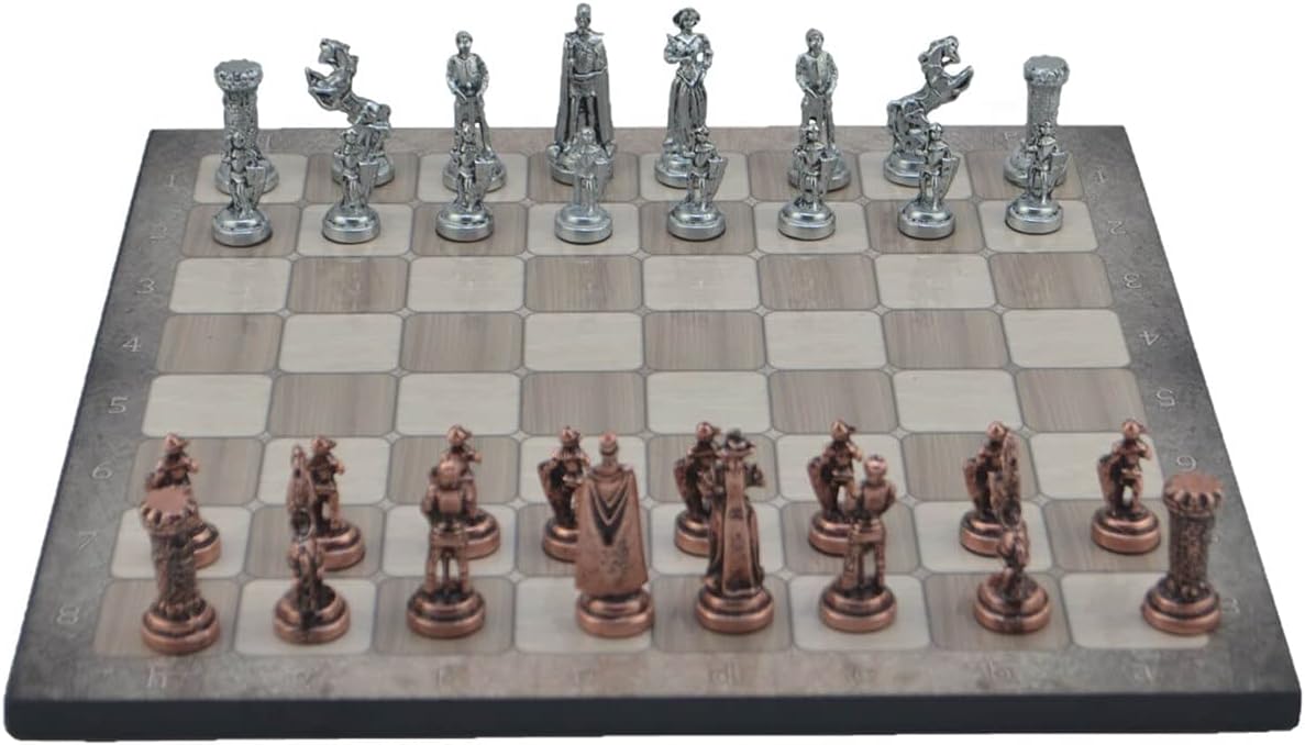 Metal Chess Set for Adults Medium Medieval British Army Antique Copper Figures,Handmade Pieces and Different Design Wooden Chess Board (Platin Oak)