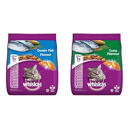 Whiskas Adult (+1 Year) Dry Cat Food, Ocean Fish Flavour, 480g Pack & Adult (+1 Year) Dry Cat Food, Tuna Flavour, 480g Pack