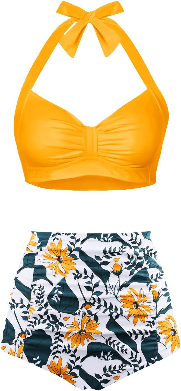 Holipick Women High Waisted Bikini Set Two Piece Swimsuit Tummy Control Bathing Suit Vintage Halter Swimwear