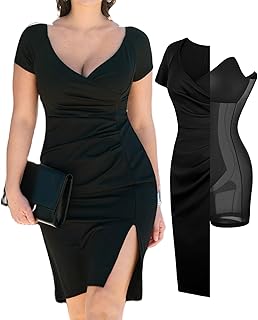Womens Shapewear Midi Dress Ruched Bodycon Pencil Dresses Built in Bra Work Wedding Guest Cocktail