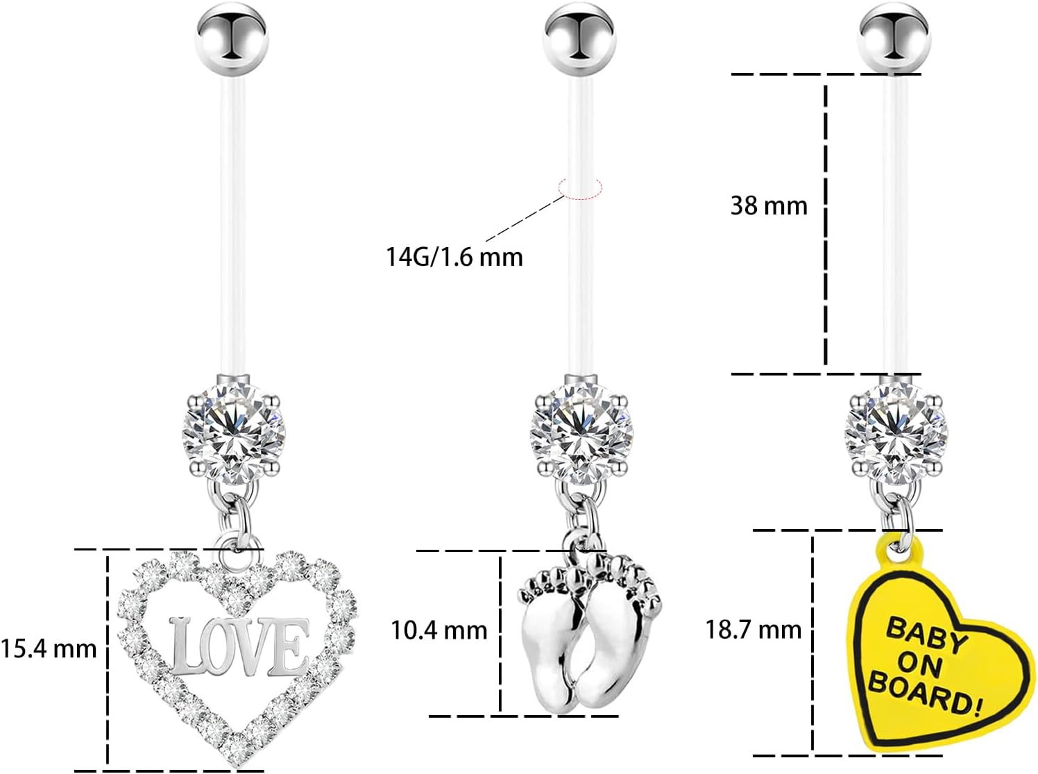 3 Pcs 14G Flexible Clear Acrylic Pregnancy Belly Button Rings Flexible Maternity Belly Button Ring 38mm Clear Long Bar Pregnancy Belly Ring Navel Rings for Women