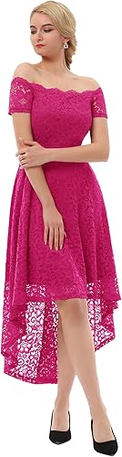 Vista 4 de Dressystar Vestido de Cóctel de Encaje para Mujer Hi-Lo con Hombros Descubiertos para Dama de Honor Vestido de Fiesta Formal Swing