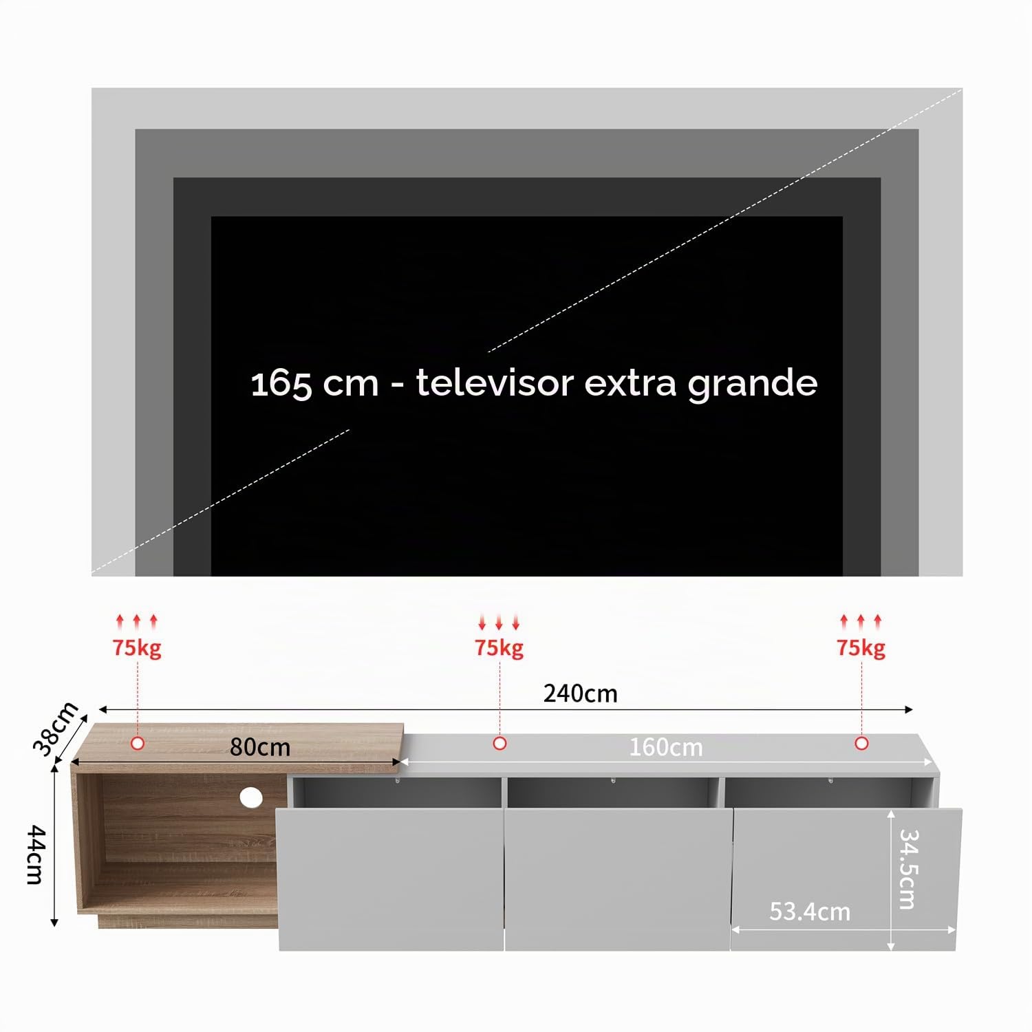 Mueble Extensible para TV, Mueble TV 240 cm, Mueble de TV LED para Salón, Banco TV Moderno de Madera con 3 Cajones, Armario Bajo para Salón, Blanco
