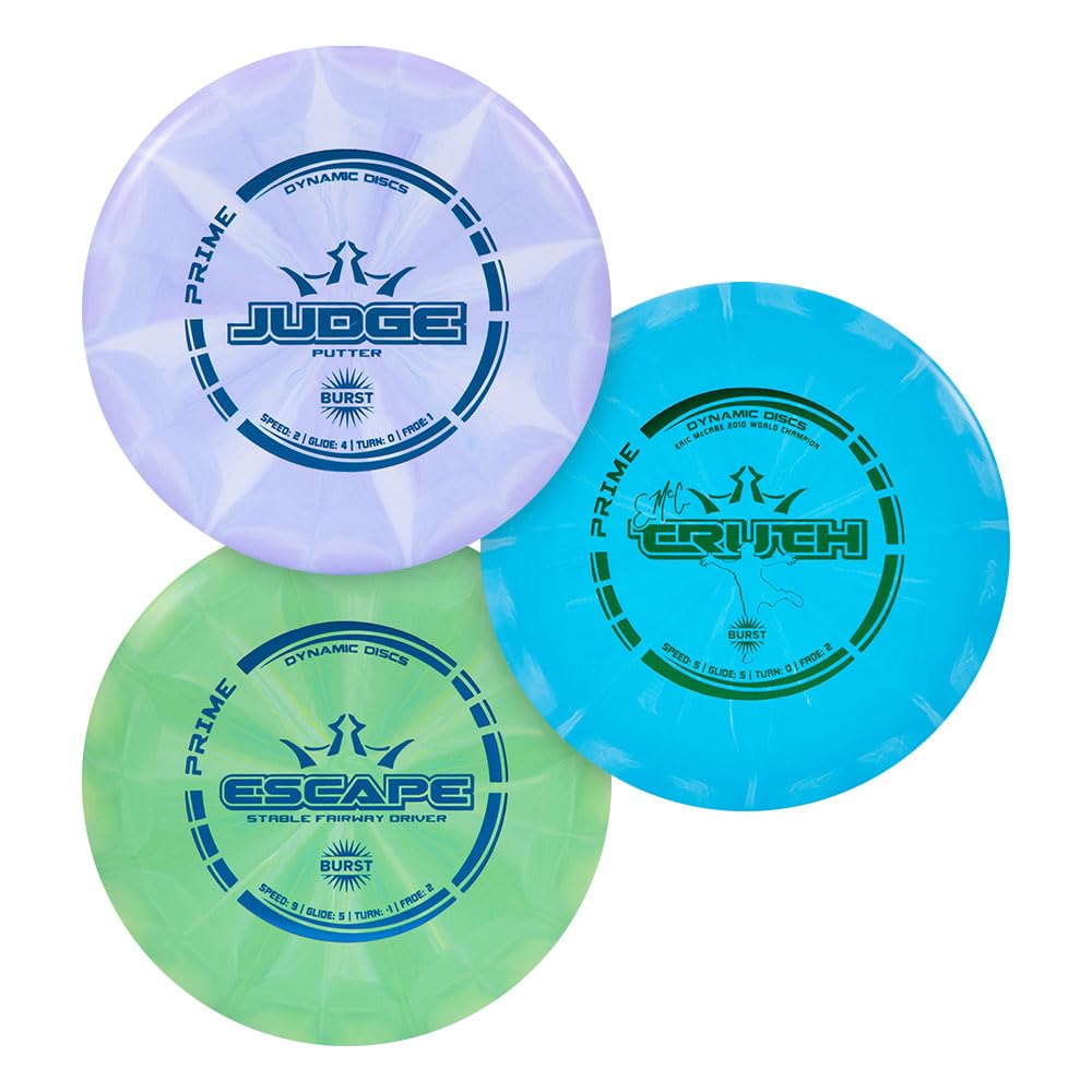 Dynamic Discs Prime Burst Disc Golf Starter Set (3 Pack) | Beginner Disc Golf Set for Men & Women of All Ages | Judge, Emac Truth, Escape | Grippy Base Plastic (Colors May Vary)