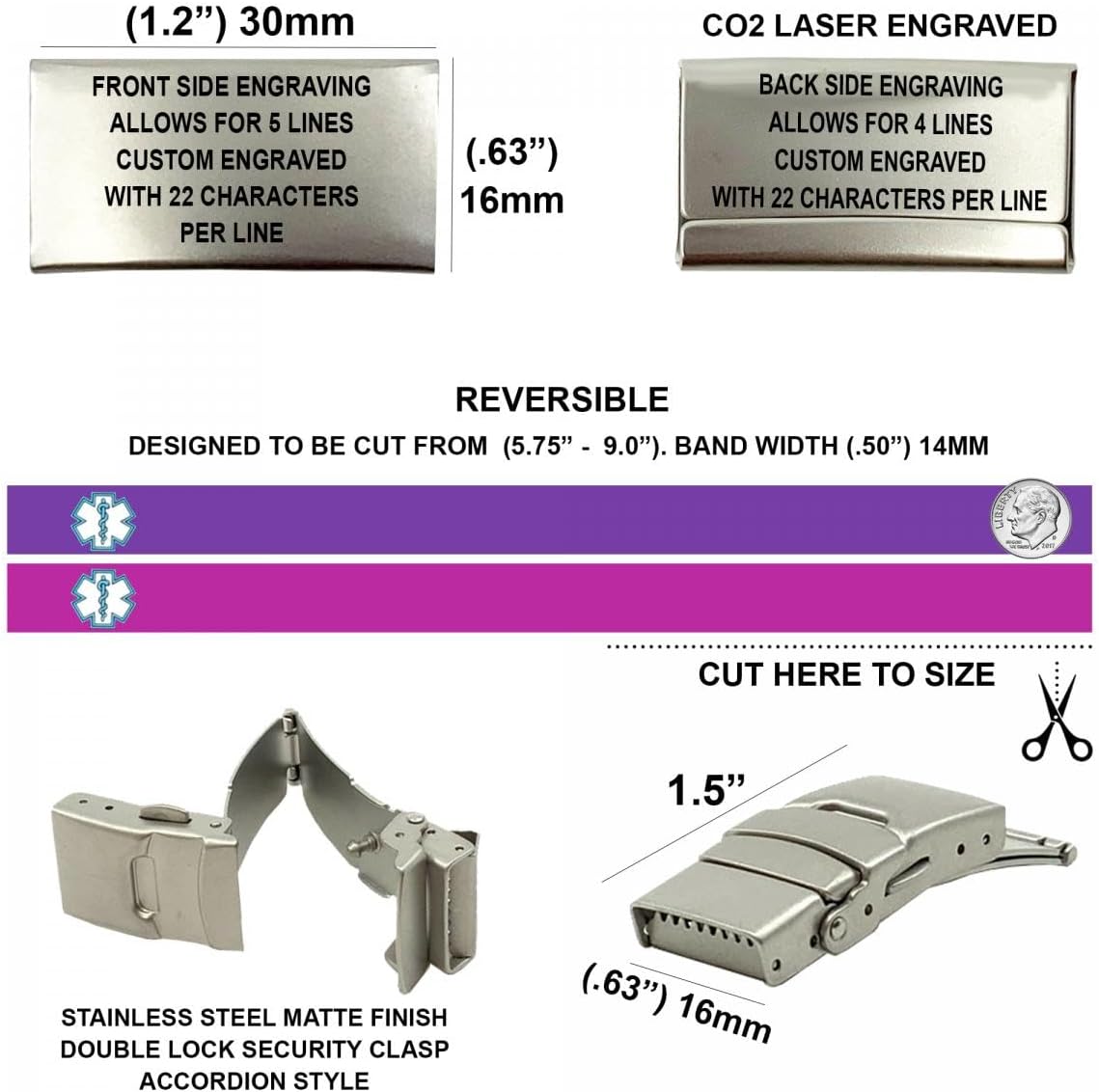 Universal Medical Data – Medical Alert Bracelet for Men and Women – Reversible Silicone Band 9-Line Laser Engraved, Waterproof – Custom Emergency Contact Bracelet, Adjustable Medic Alert – Pink/Purple