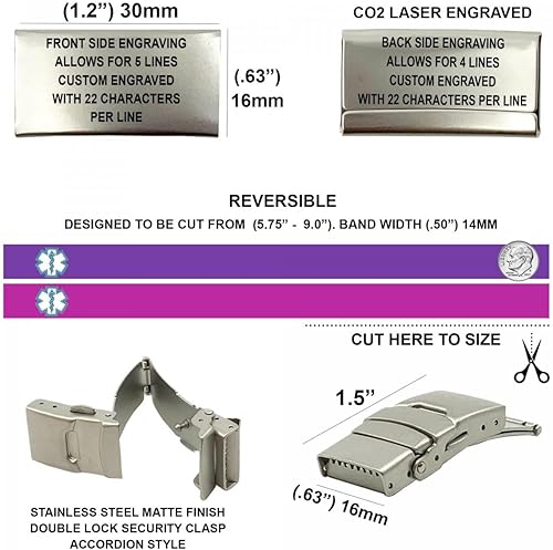 Miniatura 3 de Pulseras de identificación médica para mujeres u hombres, rosa o morado reversible deportivo delgado, pulsera médica de silicona, grabado con láser,