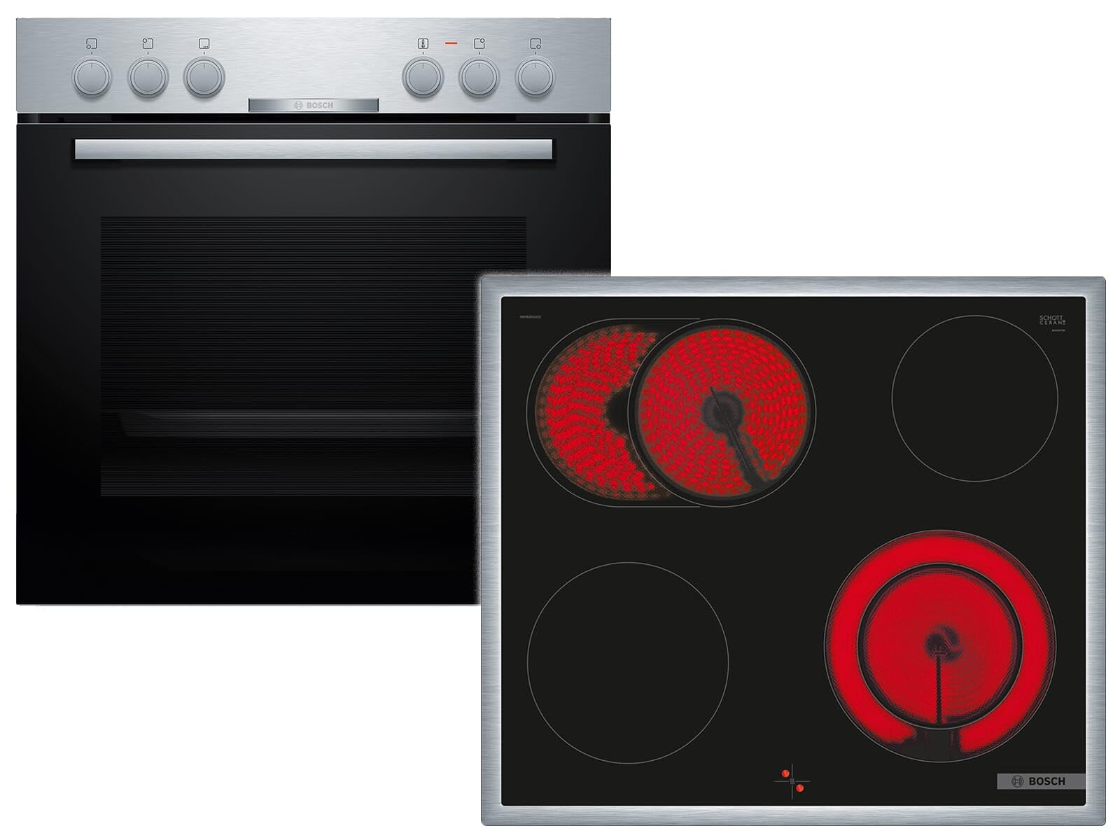 Bosch HND211CS63, Einbau-Herd-Set, Einbau-Herd 60 cm, HEA510BS3, Serie 2, 3D-Heißluft, Versenkknebel, Edelstahl & Elektro-Kochfeld 60 cm, NKN645GA2E, Serie 4, Herdgesteuert, 21 cm Kochzone, Mit Rahmen