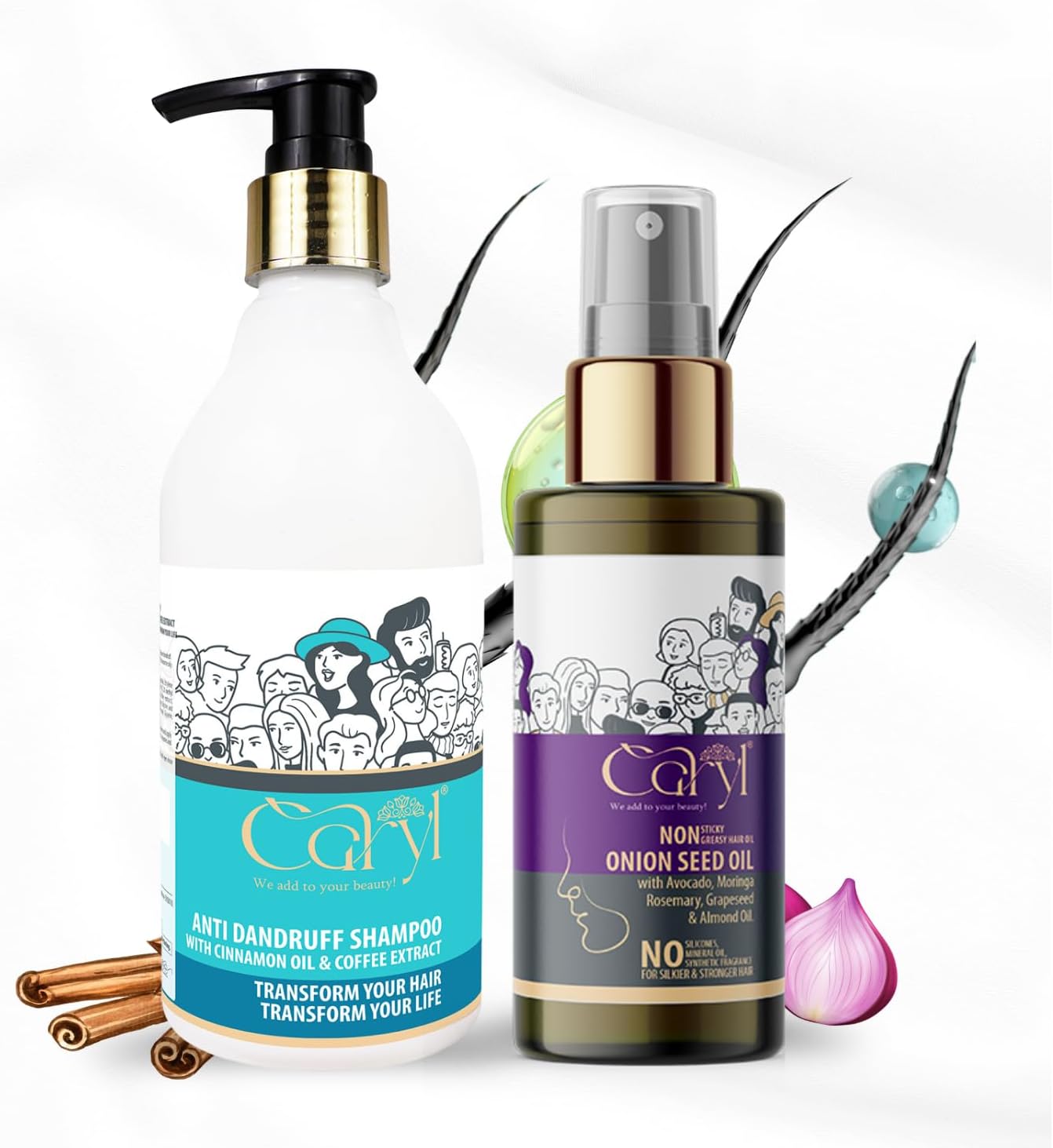 Caryl Anti-Dandruff & Hair Fall Control Combo | Onion Seed Hair Oil (100ml) & Shampoo (300ml) | Hair Growth, Hair Fall Control, Dandruff Relief, Itchy Scalp, Frizz Control & Root Strength | With Cinnamon, Coffee & Rosemary oil | Sulfate & Paraben Free