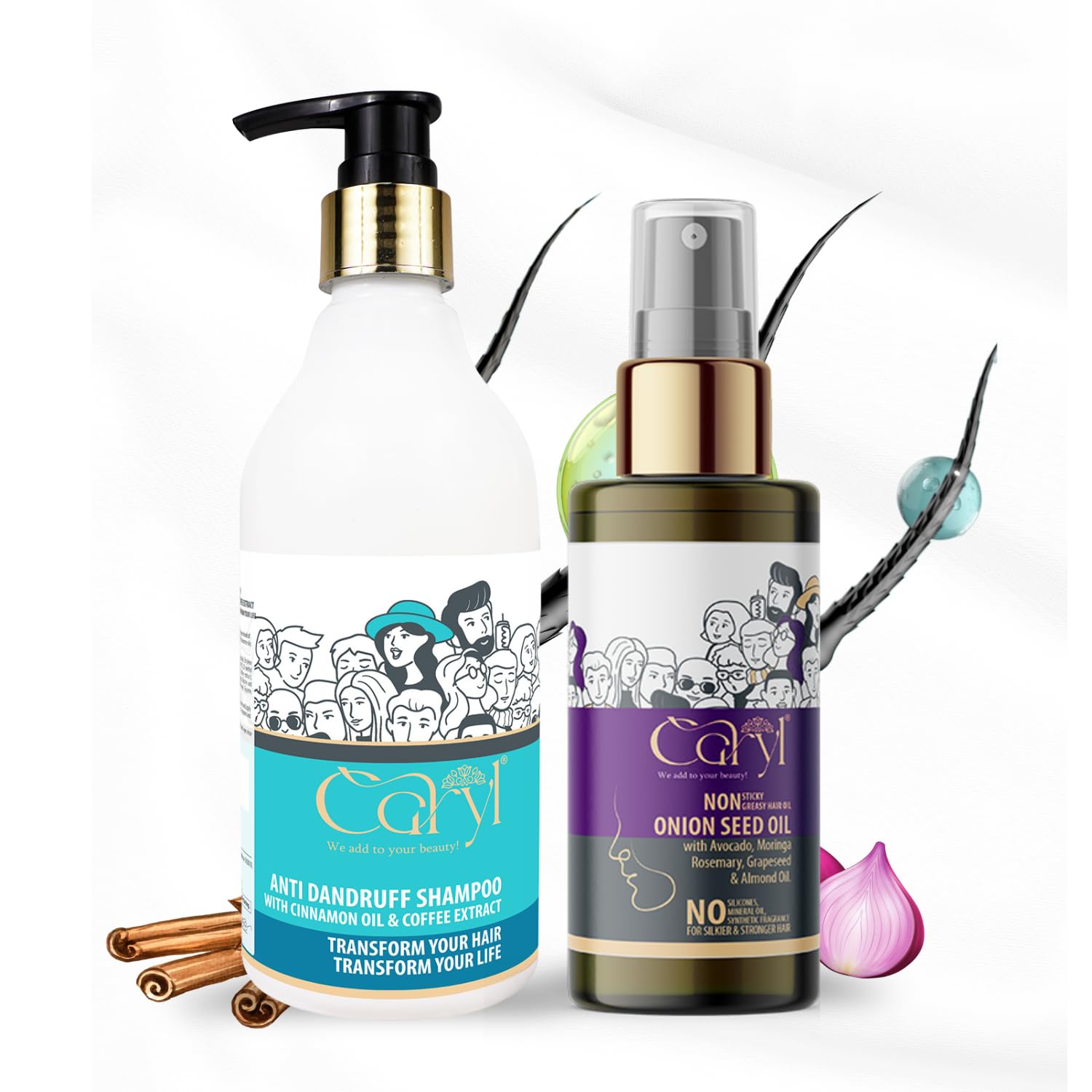 Caryl Anti-Dandruff & Hair Fall Control Combo | Onion Seed Hair Oil (100ml) & Shampoo (300ml) | Hair Growth, Hair Fall Control, Dandruff Relief, Itchy Scalp, Frizz Control & Root Strength | With Cinnamon, Coffee & Rosemary oil | Sulfate & Paraben Free