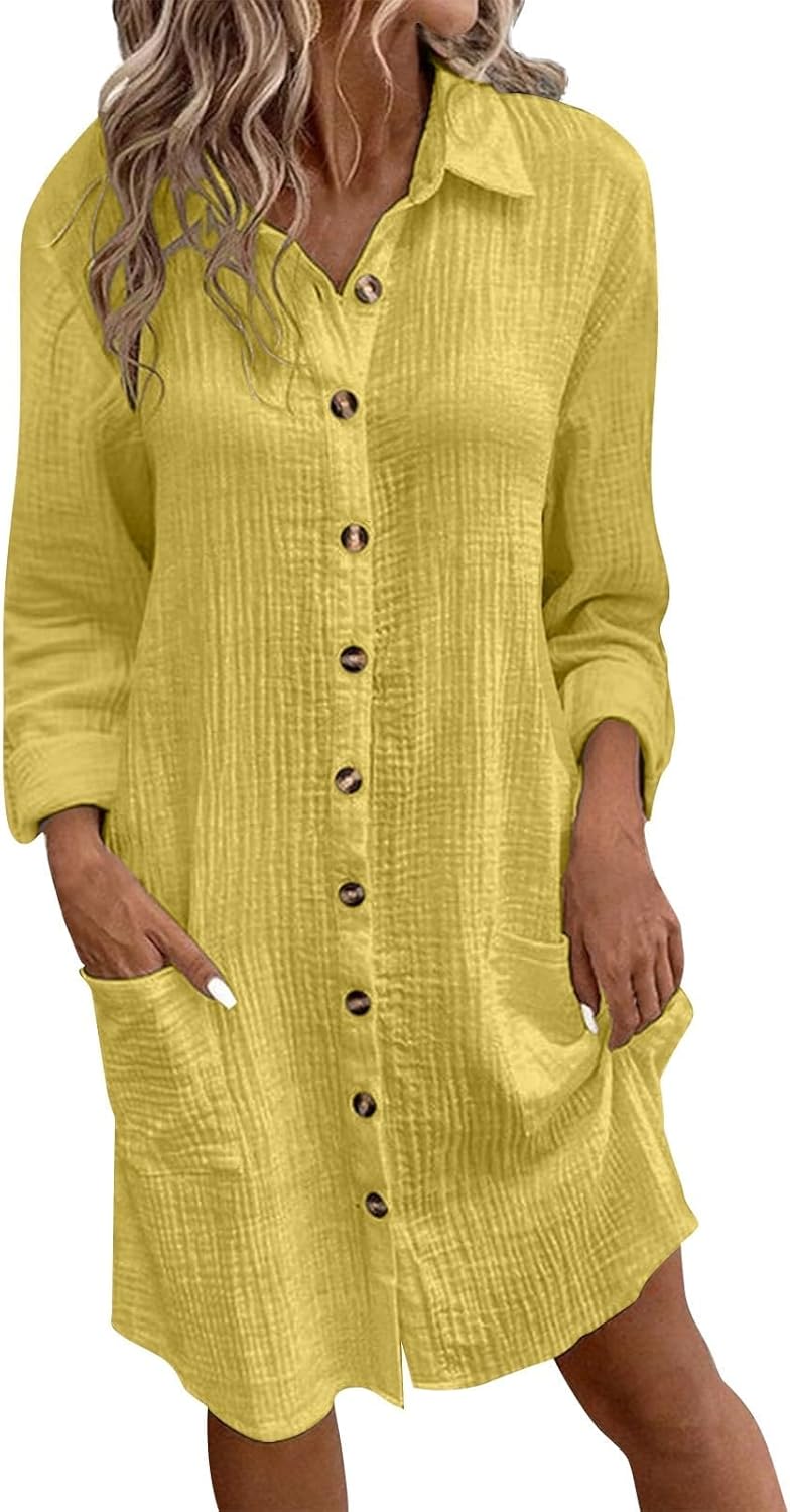 Geleglaer Women's Cotton Button Down Shirt Dress Long Sleeve Midi Dress Summer Casual Dresses with Pockets