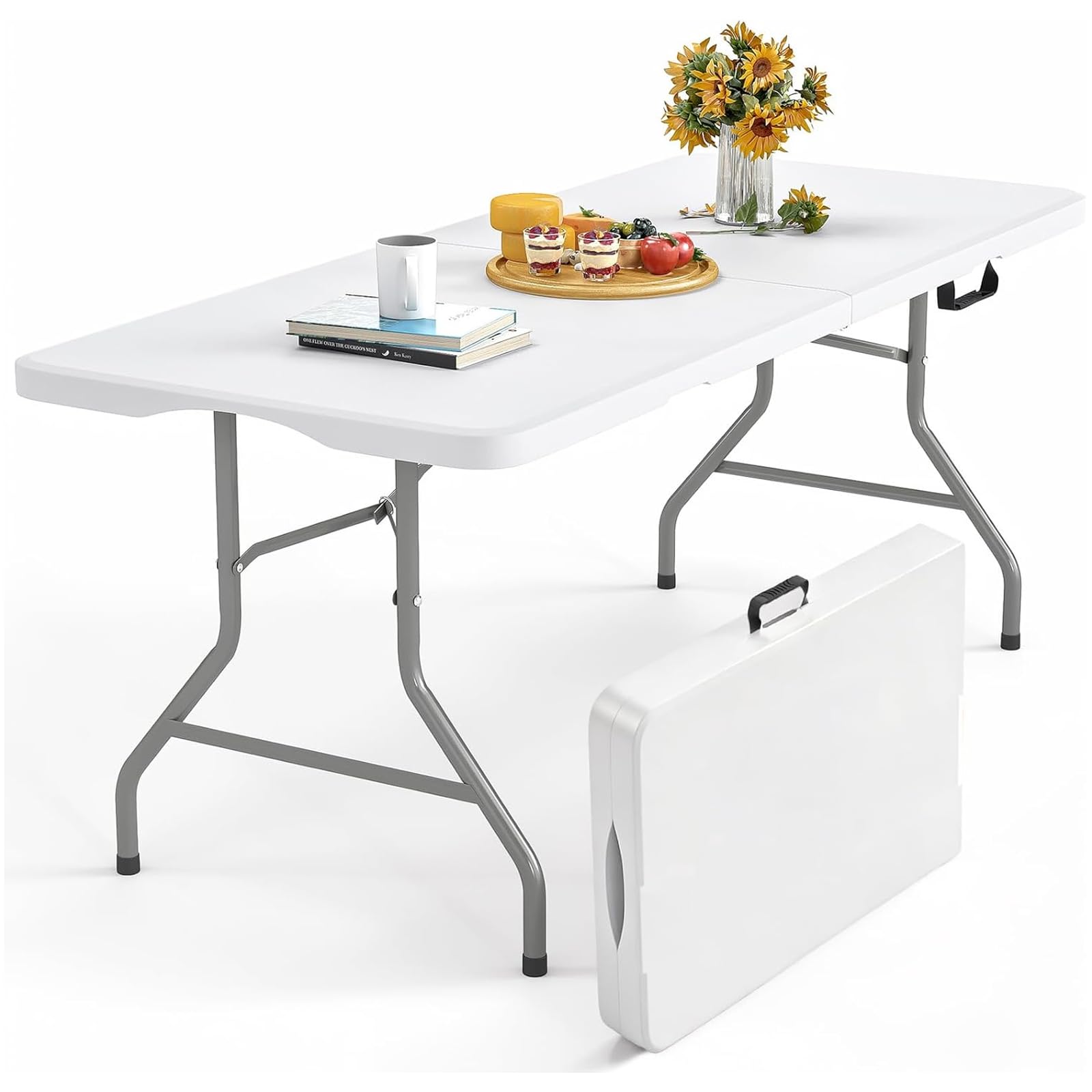 YOEVU - Mesa Plegable de Plástico 180cm | Diseño Tipo Maleta con Asa | Resistente y Portátil | Capacidad para 8 Personas | Ideal para Interiores y Exteriores | Blanco, Plástico