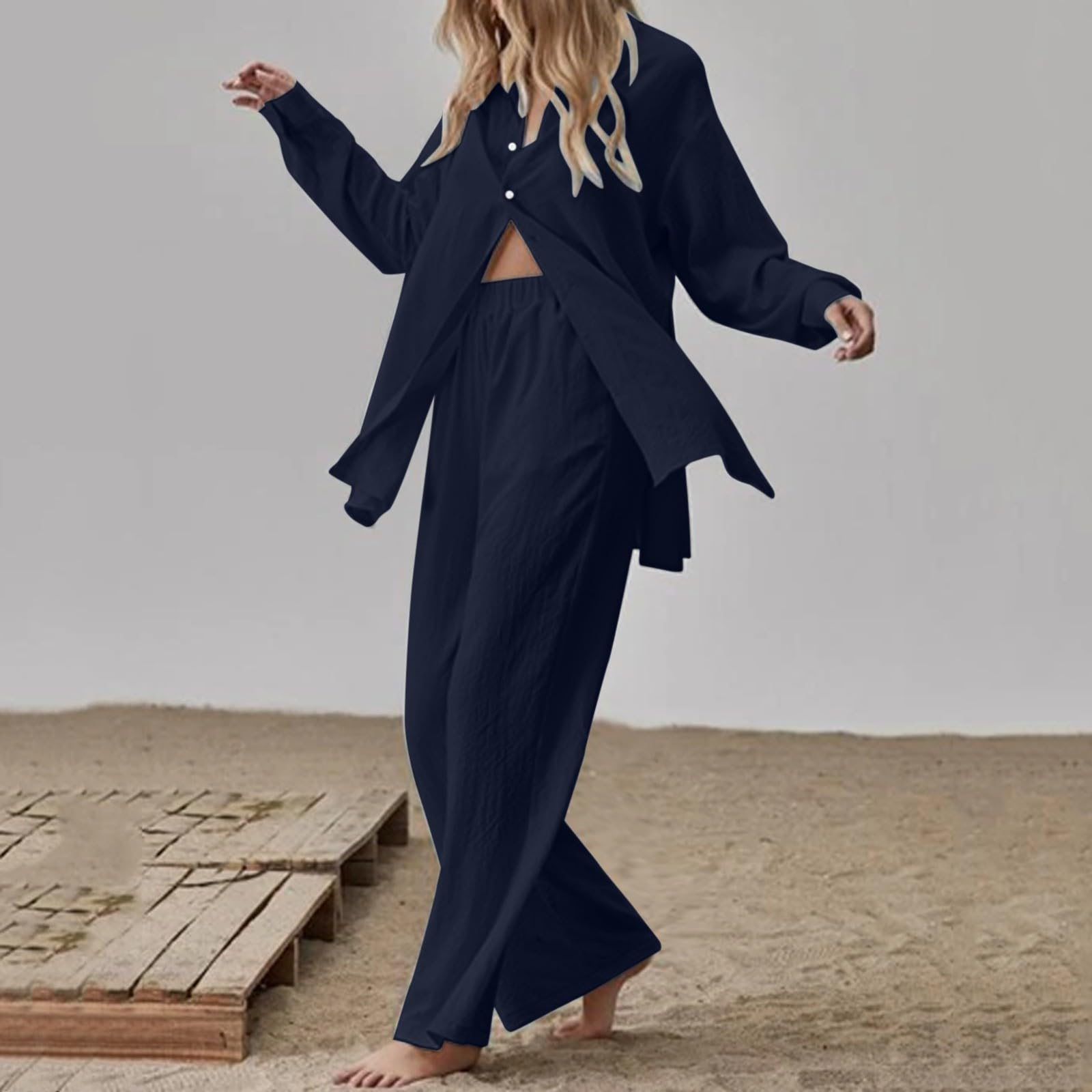 Zweiteiler Damen Elegant Baumwoll Leinen Freizeitanzug Musselin Langarm Hemd Weite Leinenhose Sommer Leicht Leinenanzug Hausanzug Lounge Set Freizeit Lose Schlafanzug Hosenanzug Urlaub Alltag Hochzeit